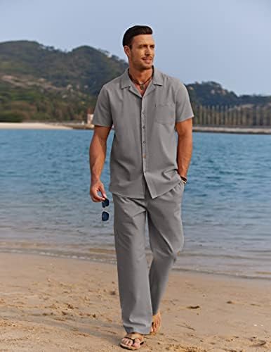 COOFANDY Men 2 Piece Linen Outfit Beach Button Down Shirt Casual Loose Pant Sets